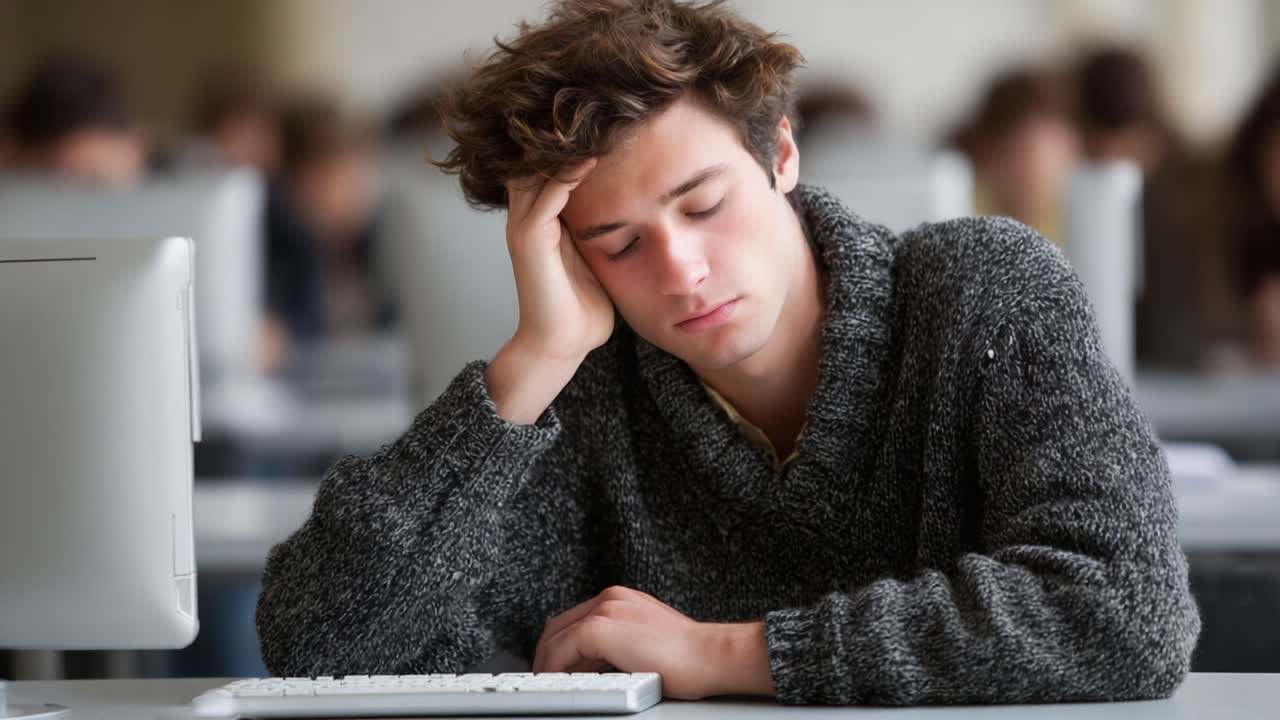 En ung mann i en genser viser tegn på stress og utmattelse mens han jobber på en datamaskin i et travelt miljø, og sliter med å opprettholde fokus og motivasjon