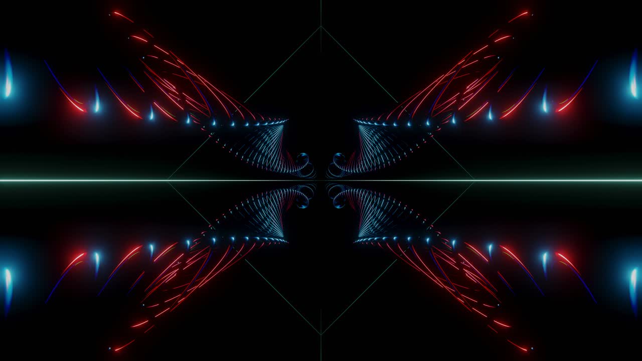 4K loop animation of a flight between spirals glowing in blue and red on a black background.