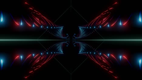 animación en bucle de 4k de un vuelo entre espirales que brillan en azul y rojo sobre un fondo negro.