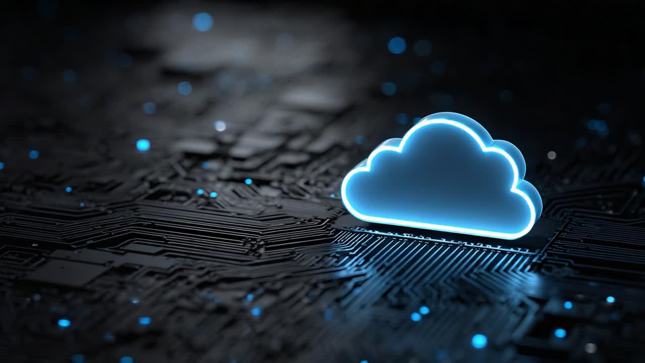 Abstract Digital Representation of Cloud Computing Concept with Glowing Cloud Icon on Circuitry Background, Symbolizing Technology and Connectivity
