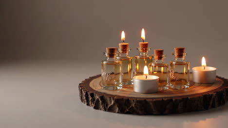 aromatherapy essential oils and candles on wooden coaster