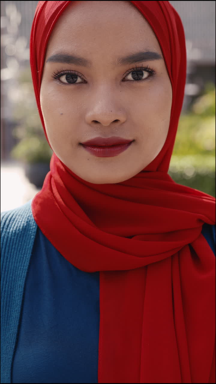 Close-up Portrait of a Woman in a Red Hijab with Varying Expressions