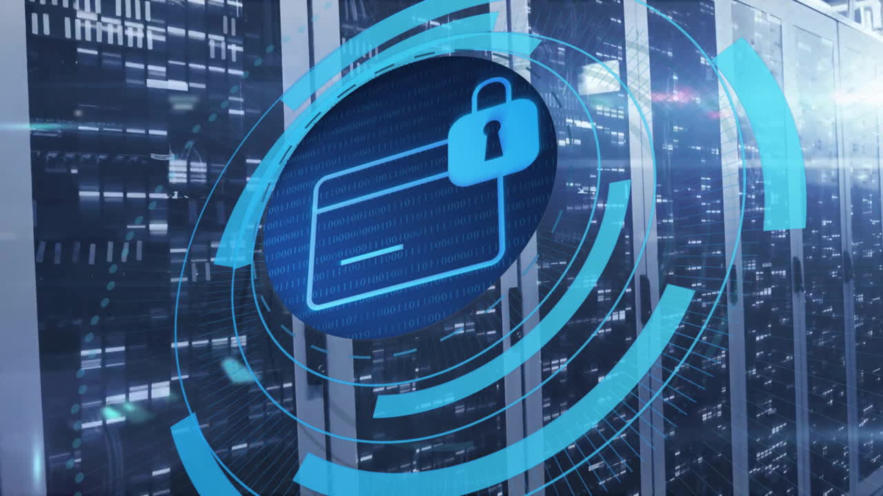 Animation of circular scanner processing bank card with padlock icon over server room
