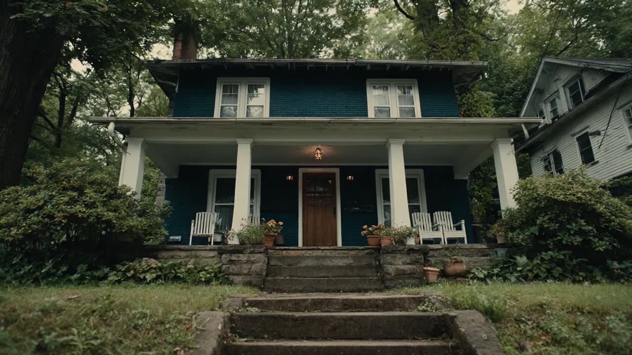 Charming Blue House with Lush Garden and Inviting Porch - A Captivating View of Nature's Embrace on a Tranquil Day