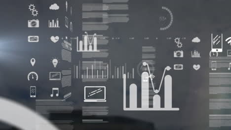 animation of data processing with icons over sky with clouds