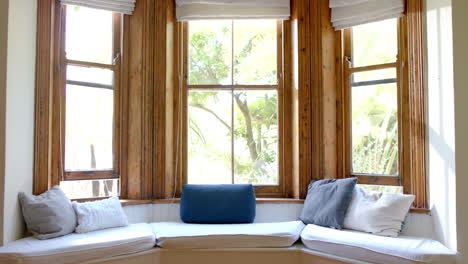 big living room with couch and pills at big wooden windows