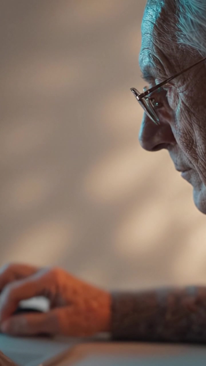 Elderly Man Engaged in Concentrated Activity at a Desk, Highlighting Focus and Wisdom Through Thoughtful Expression and Distinctive Hand Movements in Soft Lighting
