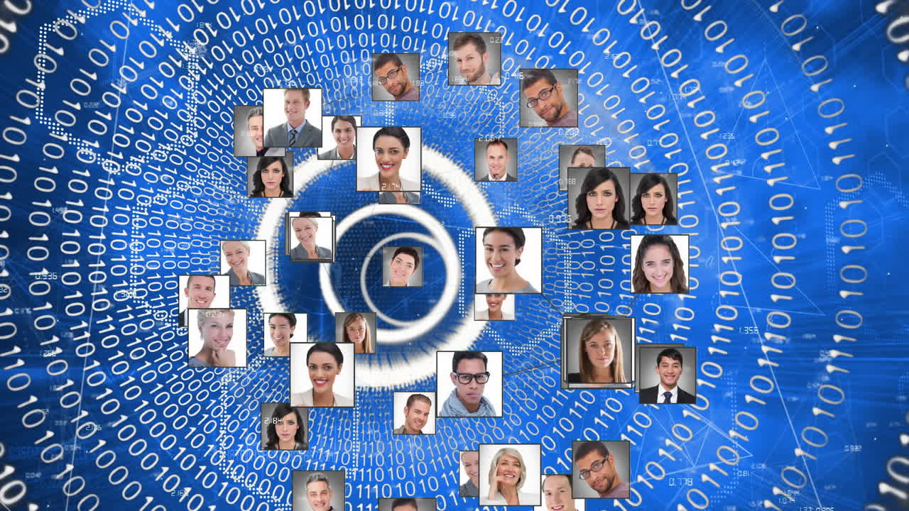 código binario y animación de red que superpone retratos de diversas personas