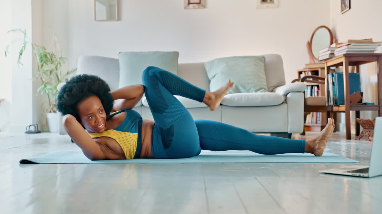 Black woman, home workout and crunch exercise