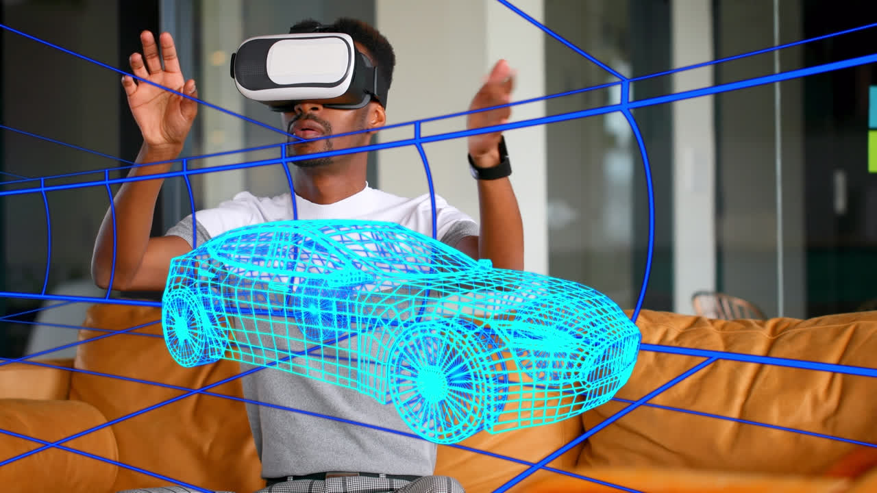 animación de dibujo 3d digital de un coche sobre un hombre usando auriculares vr