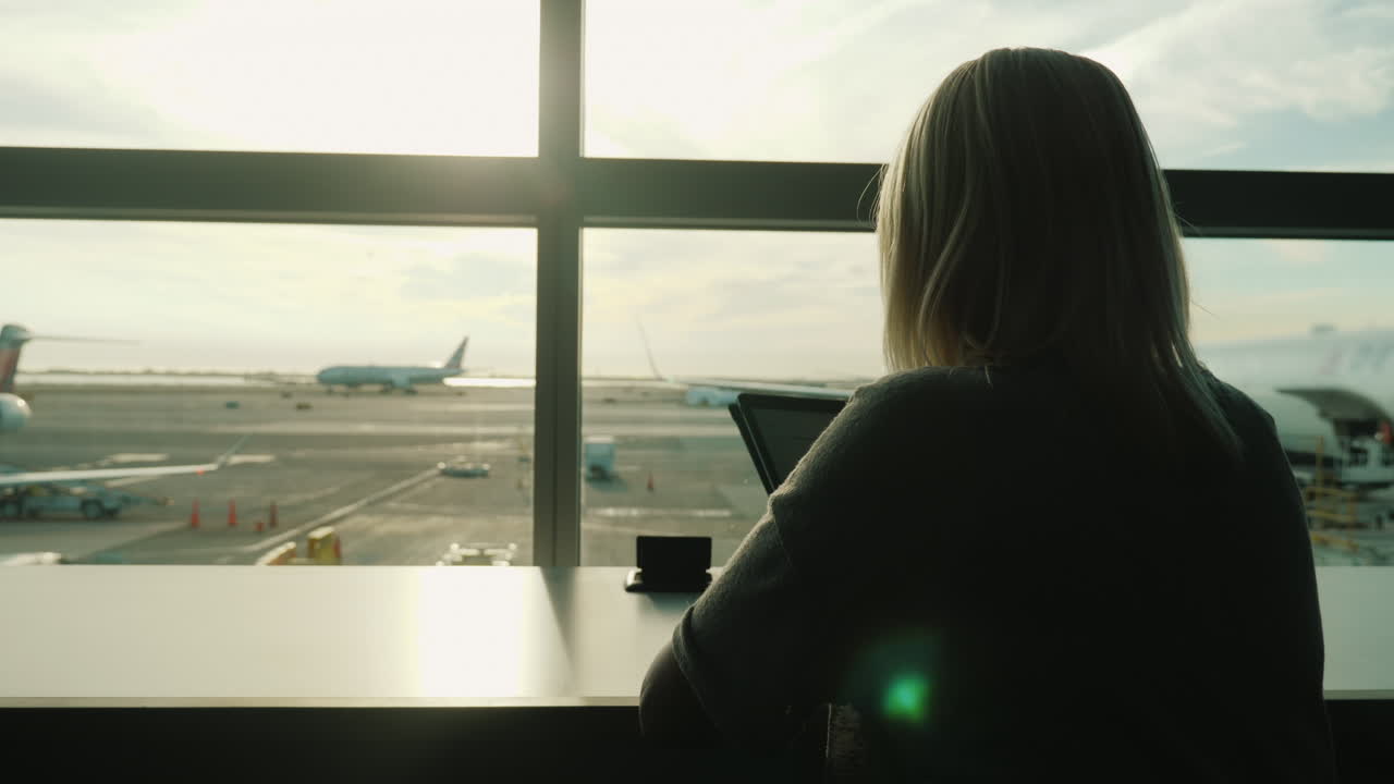 mujer usando una tableta junto a la ventana de la terminal del aeropuerto