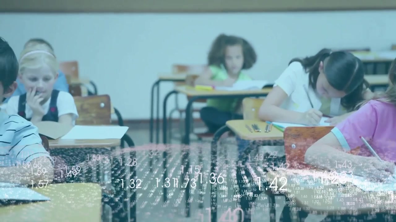 Teacher handing school task starting kids reading and writing as data overlay scrolling over desks