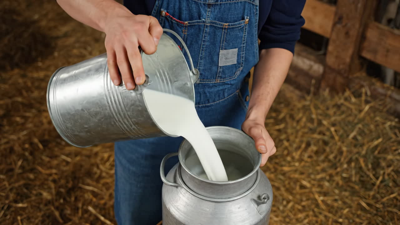 A person pouring fresh milk from a bucket into a traditional milk can in a barn