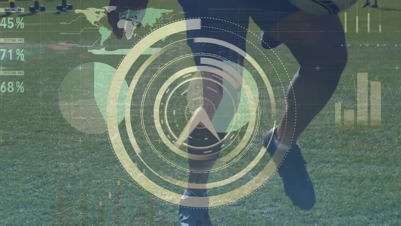 Animation of ticking clock and data processing over low section of male soccer player juggling