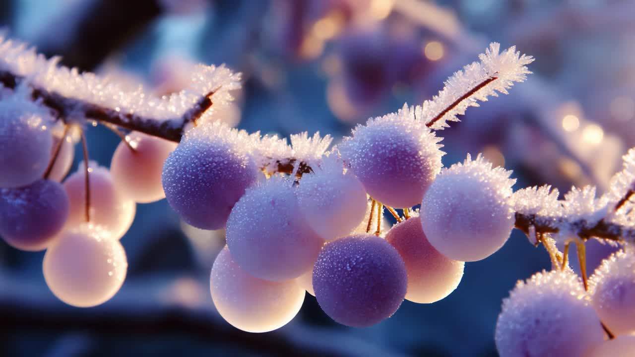 A Close-Up of Frost-Covered Grapes: A Beautiful Display of Nature's Icy Touch on Delicate Fruit, Captured in a Serene Winter Landscape, Showcasing the Elegance of Seasonal Change and Natural Beauty