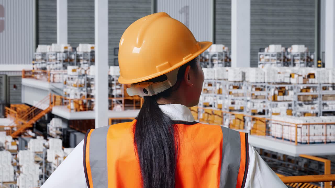 vista de atrás de una ingeniera asiática con casco de seguridad en el almacén con estantes llenos de mercancías de entrega. de pie con los brazos akimbo mirando a su alrededor, comprobando el stock en los estantes