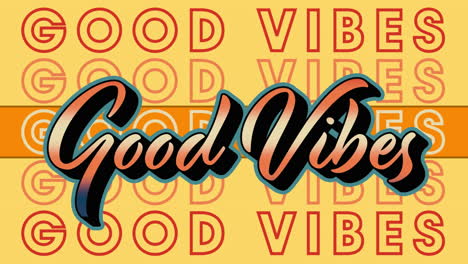 animation of orange good vibes text repeating over orange stripe on yellow background