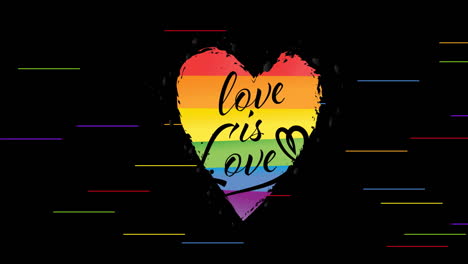 animation of rainbow heart with love is love text over rainbow stripes on black background