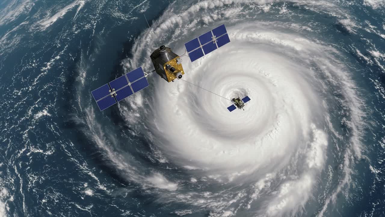 A Stunning Aerial View of a Powerful Hurricane with a Satellite Observing Its Eye, Capturing the Magnitude and Force of Nature's Fury