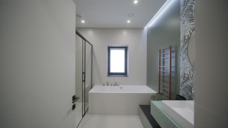 modern tiled bathroom with shower in modern home, real estate interior. wide shot footage