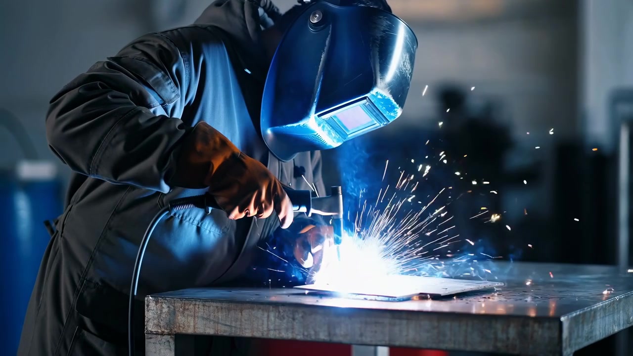 Close-up view of a masked welder leaning over a metal workbench, holding a welding torch in the right hand and steadying a steel plate with the left. Bright