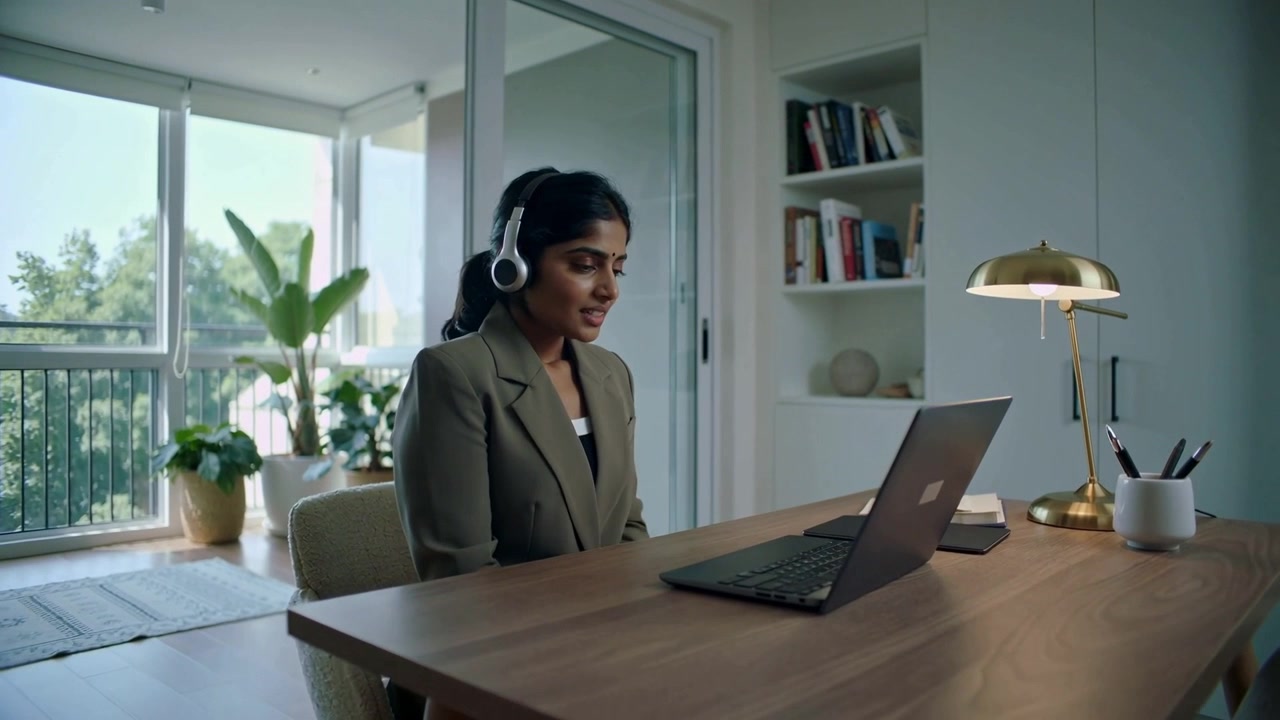 Una donna in blazer sistema l'auricolare dopo una chiamata, chinandosi verso il laptop nel suo ufficio domestico per partecipare a una riunione.