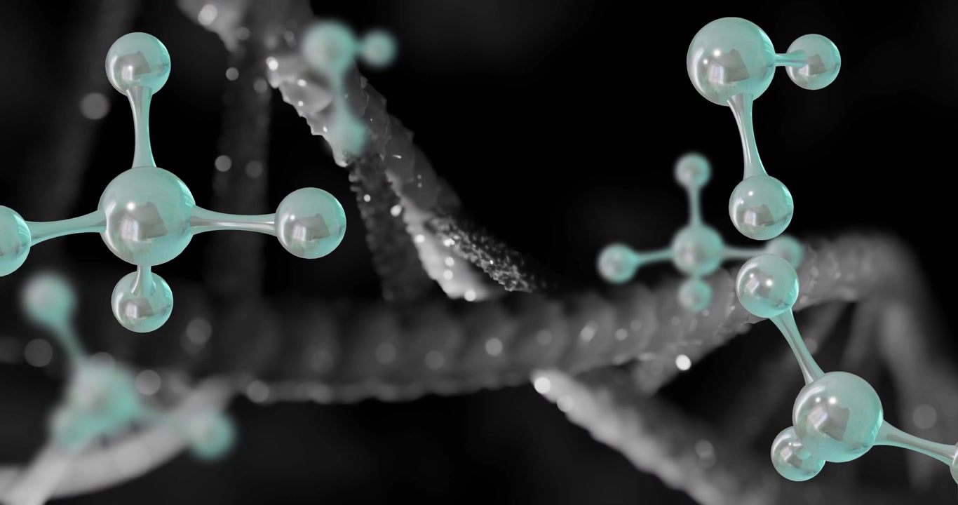 DNA helix rotating while teal clusters entering frame and drifting on black backdrop for biotech