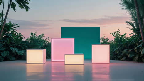 illuminated geometric shapes amidst tropical foliage at twilight