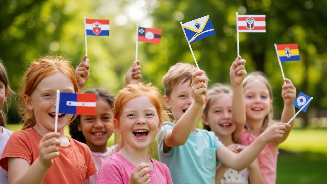 Joyful Children Celebrating Diversity with Flags in a Sunny Park, Smiling and Enjoying a Vibrant Outdoor Gathering Filled with Culture and Friendship