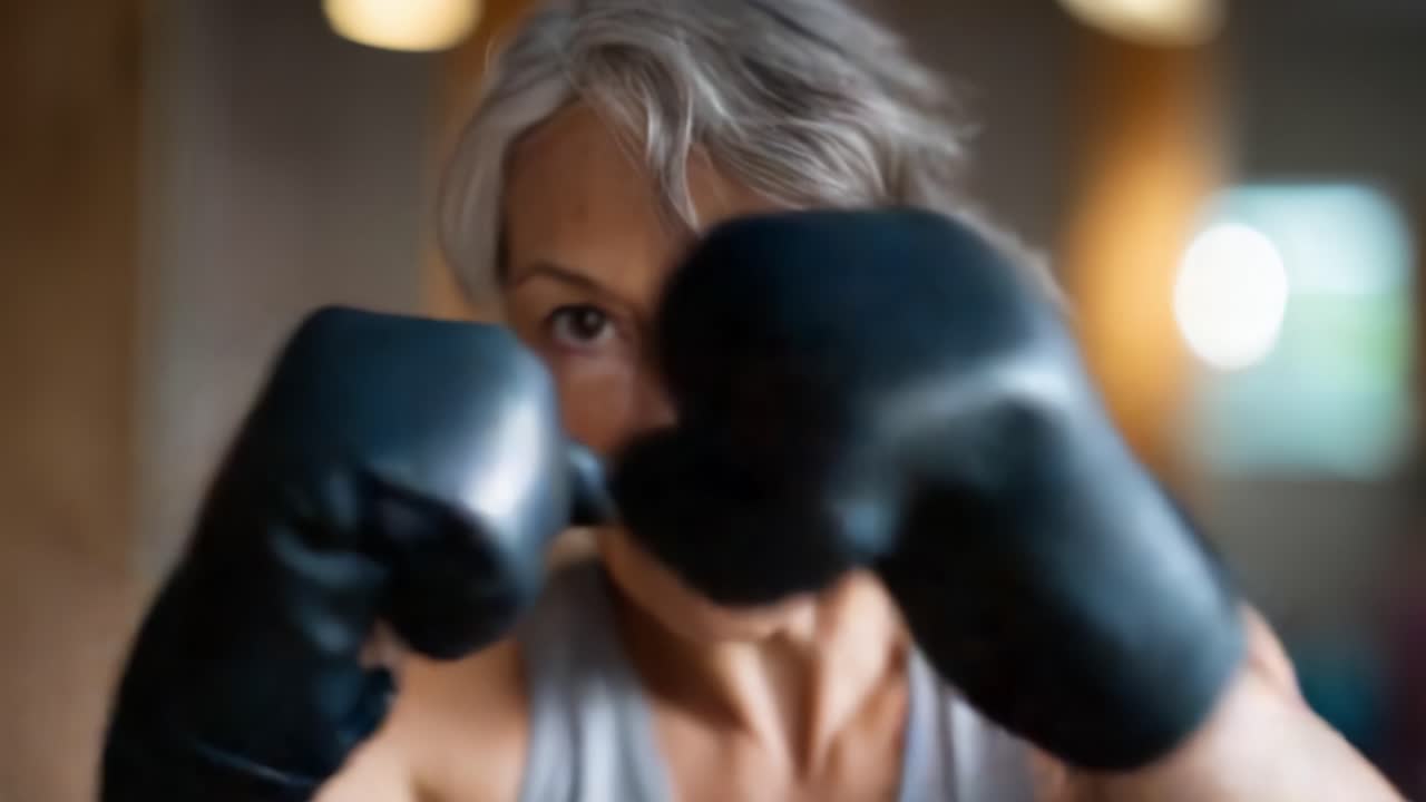 Boxer senior in forma che si allena in palestra: una donna determinata che si prepara all'azione con concentrazione e forza, mettendo in mostra lo spirito di resilienza e forma fisica