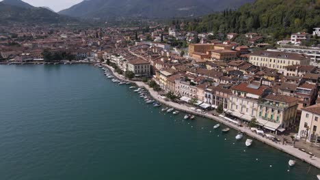 aerial view, salo city promenade on garda lake, lombardy italy