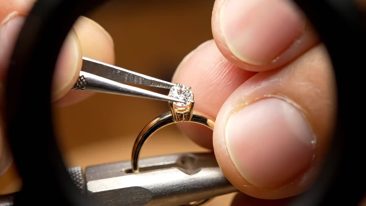 Close-up of a Jeweler Setting a Diamond in a Gold Ring
