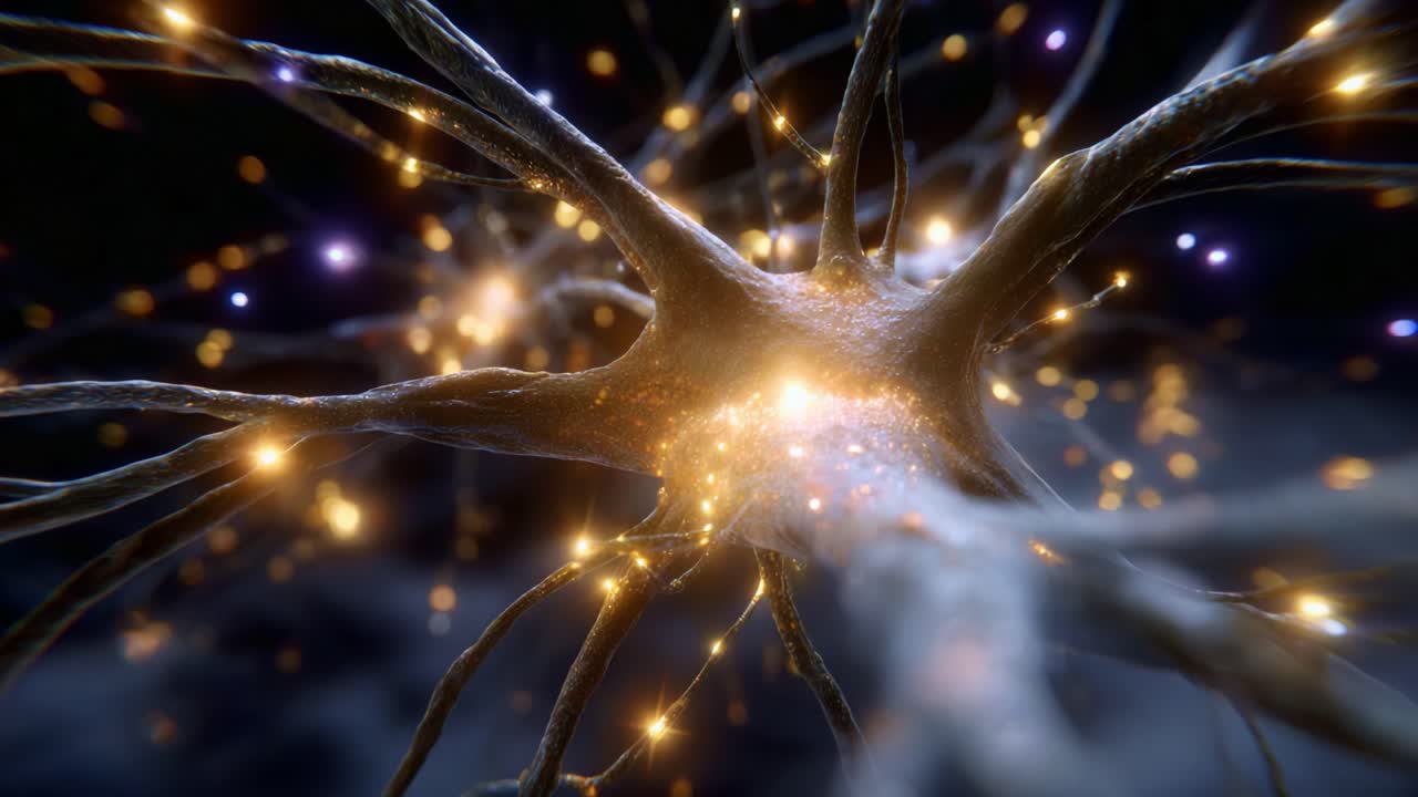 Captivating Close-Up Exploration of a Neuron with Brightly Glowing Synapses, Illustrating the Complexity of Neural Networks and Connections in the Brain
