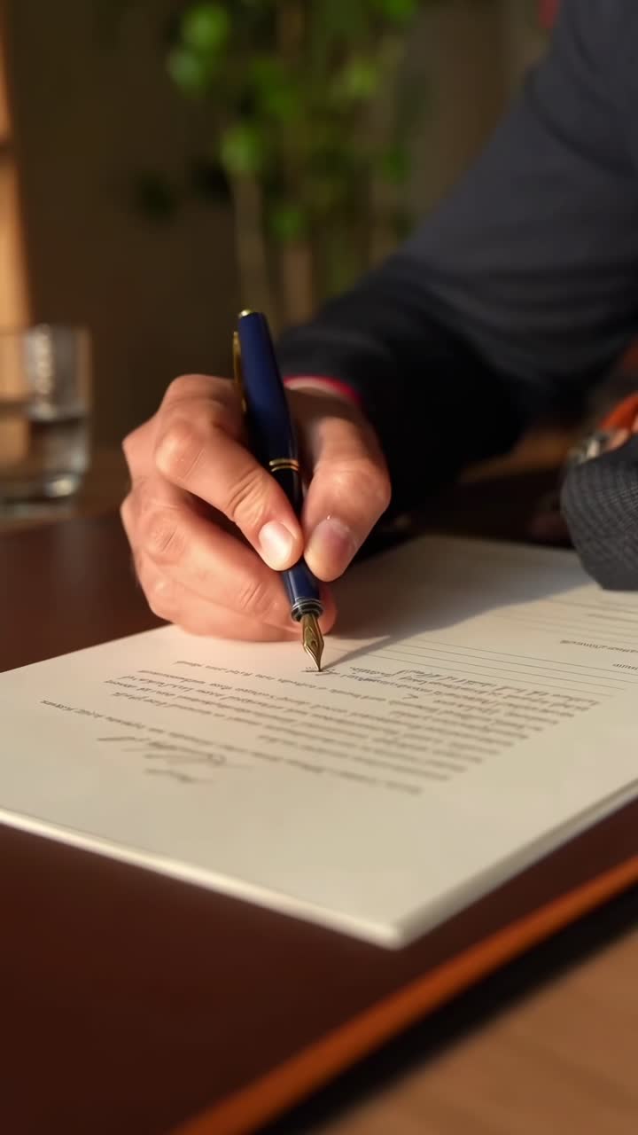 Video ravvicinato di una mano che firma un documento con una penna, ripreso di lato