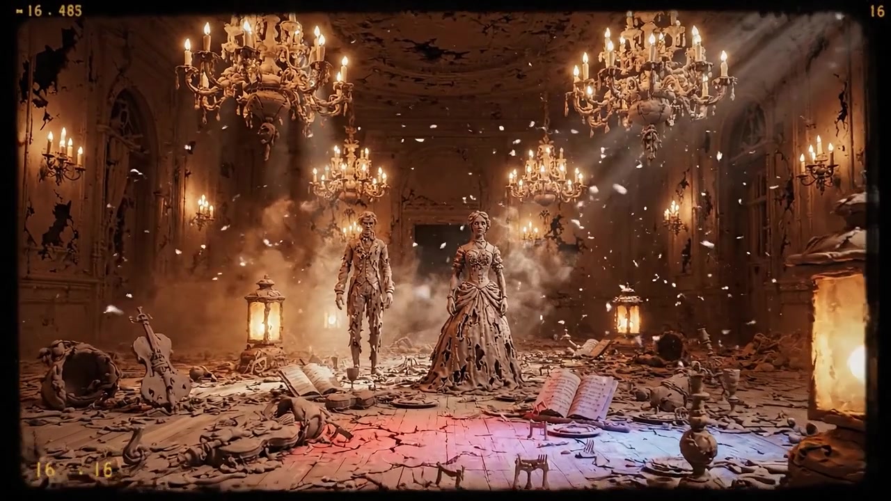 Una escena inquietantemente hermosa que representa un violín fantasmal y figuras elegantes en un salón de baile en decadencia, iluminada por candelabros parpadeantes y sombras espeluznantes