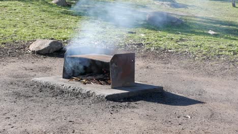 Barbacoa-De-Hierro-Con-Un-Fuego-De-Leña-Ahumado-En-Un-Día-De-Verano-A-Cámara-Lenta