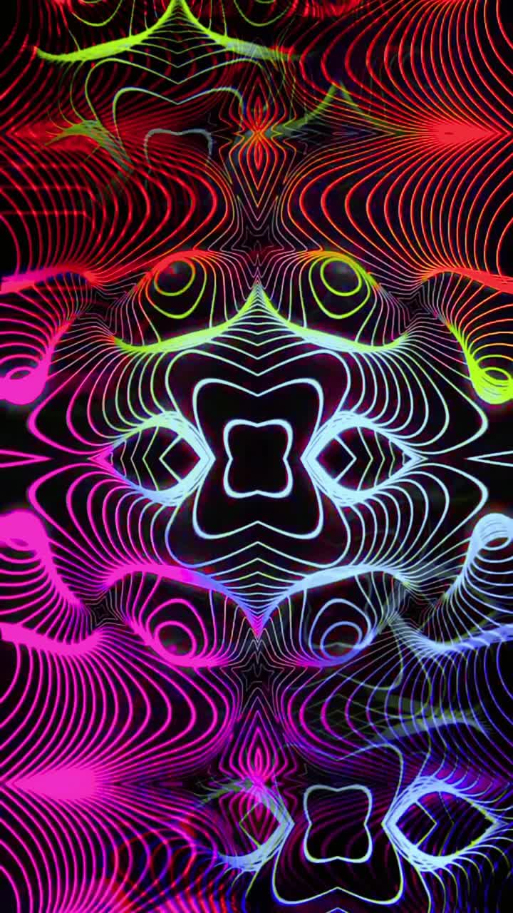 Linee astratte al neon che mutano in un motivo caleidoscopico simmetrico