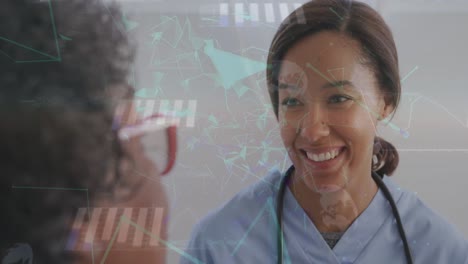 Animation-of-data-processing-over-senior-african-american-woman-with-nurse