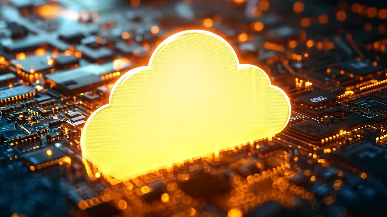 A glowing cloud is on a computer chip. The cloud is surrounded by a cityscape. Concept of technology and innovation