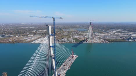 gordie howe international bridge being built to connect windsor and detroit, aerial view