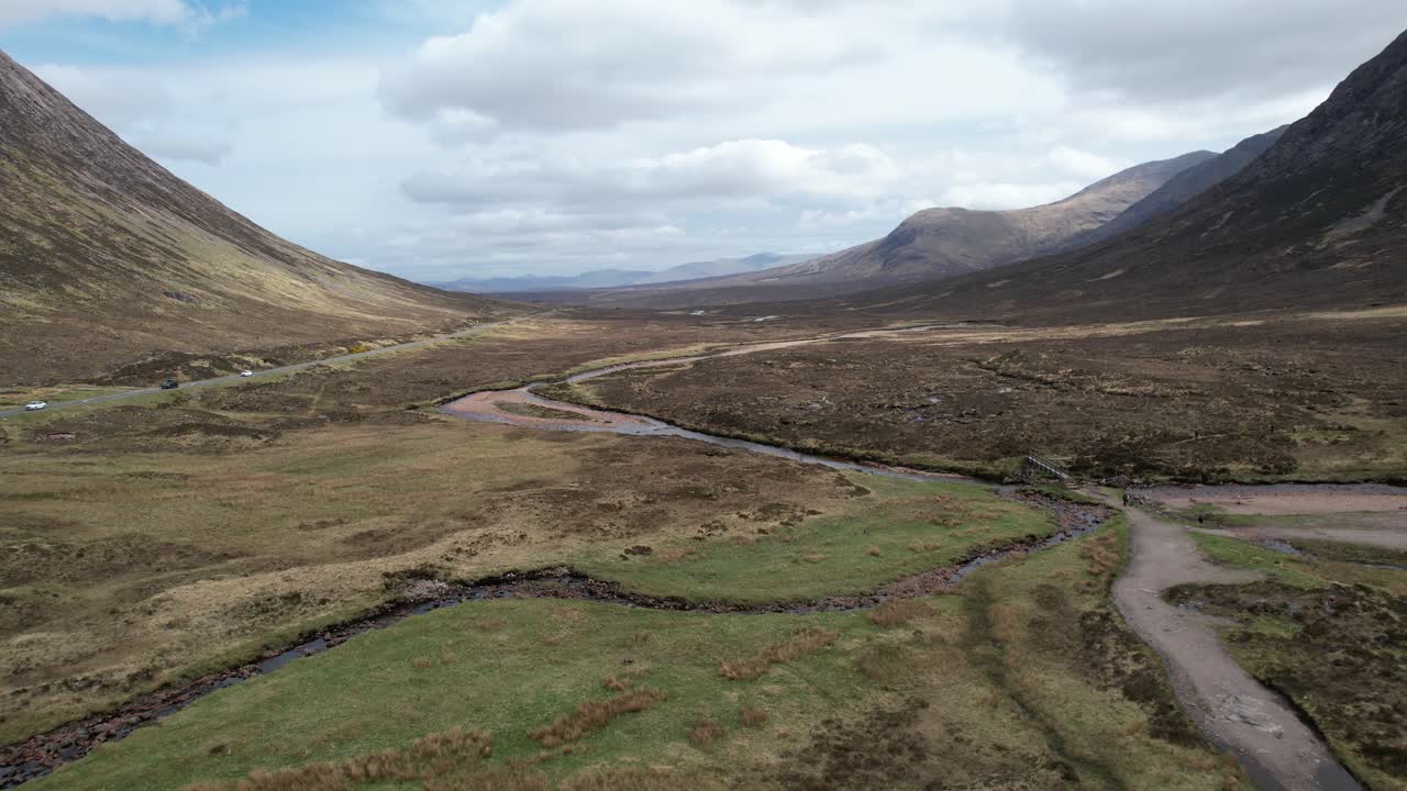Scenic aerial view of Glencoe valley and Mountains in the Scottish Highlands.