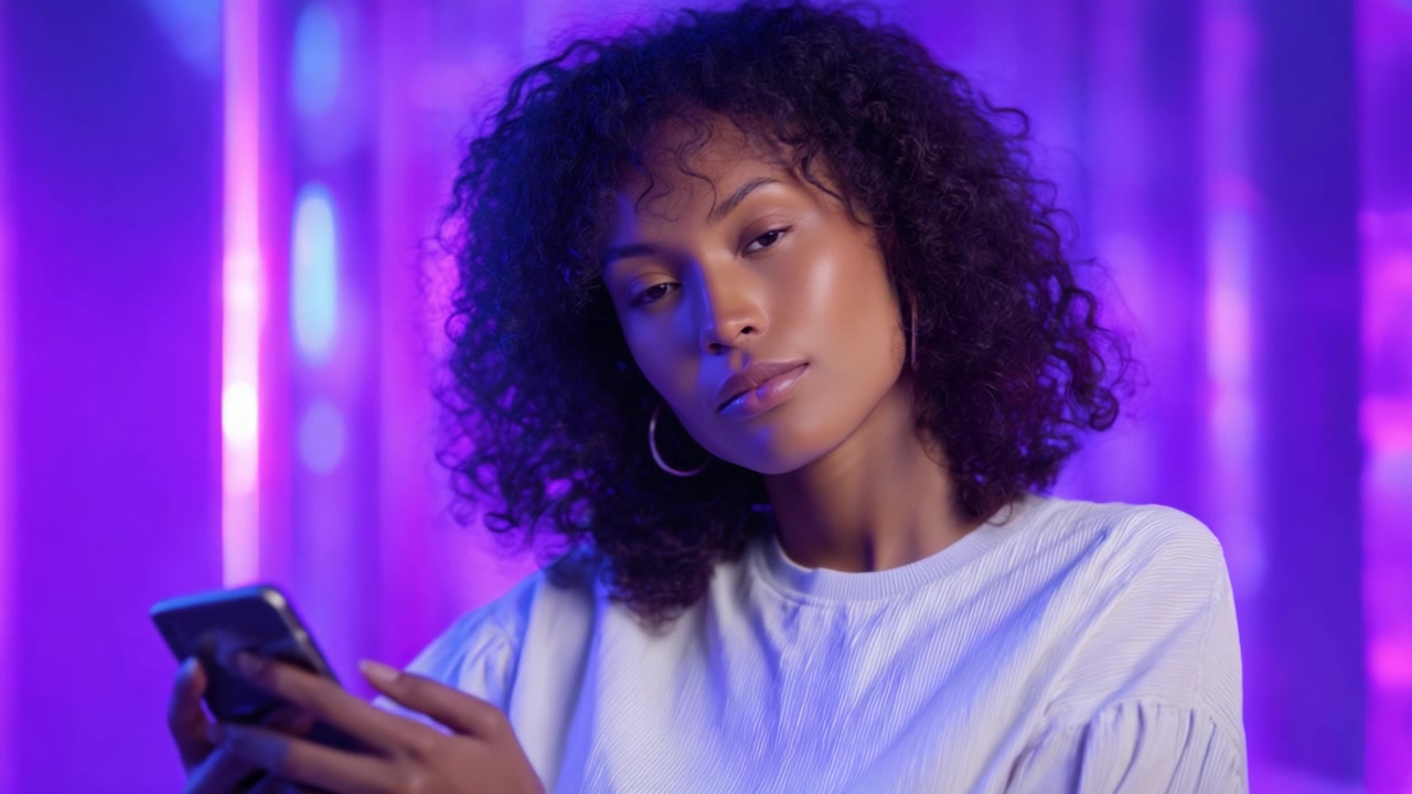 Una giovane donna sicura di sé con capelli ricci interagisce con il suo smartphone su uno sfondo vivacemente illuminato di viola, incarnando connettività e stile moderni.