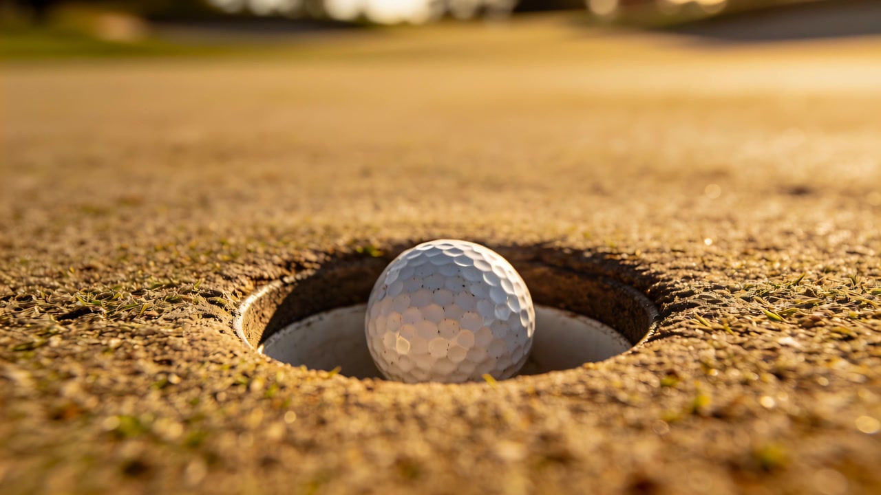 Una pallina da golf bianca con fossette che cade, scendendo nella buca sul green del campo, attratta dalla gravità.