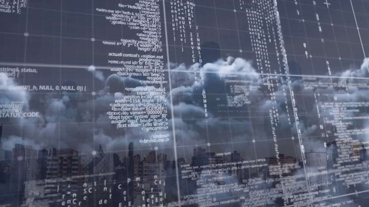 Animation of data processing over cityscape background