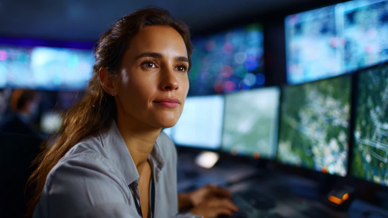 Focused Operator Managing Complex Systems in High-Tech Monitoring Room with Multiple Screens Displaying Critical Data and Real-time Analytics for Effective Decision-Making