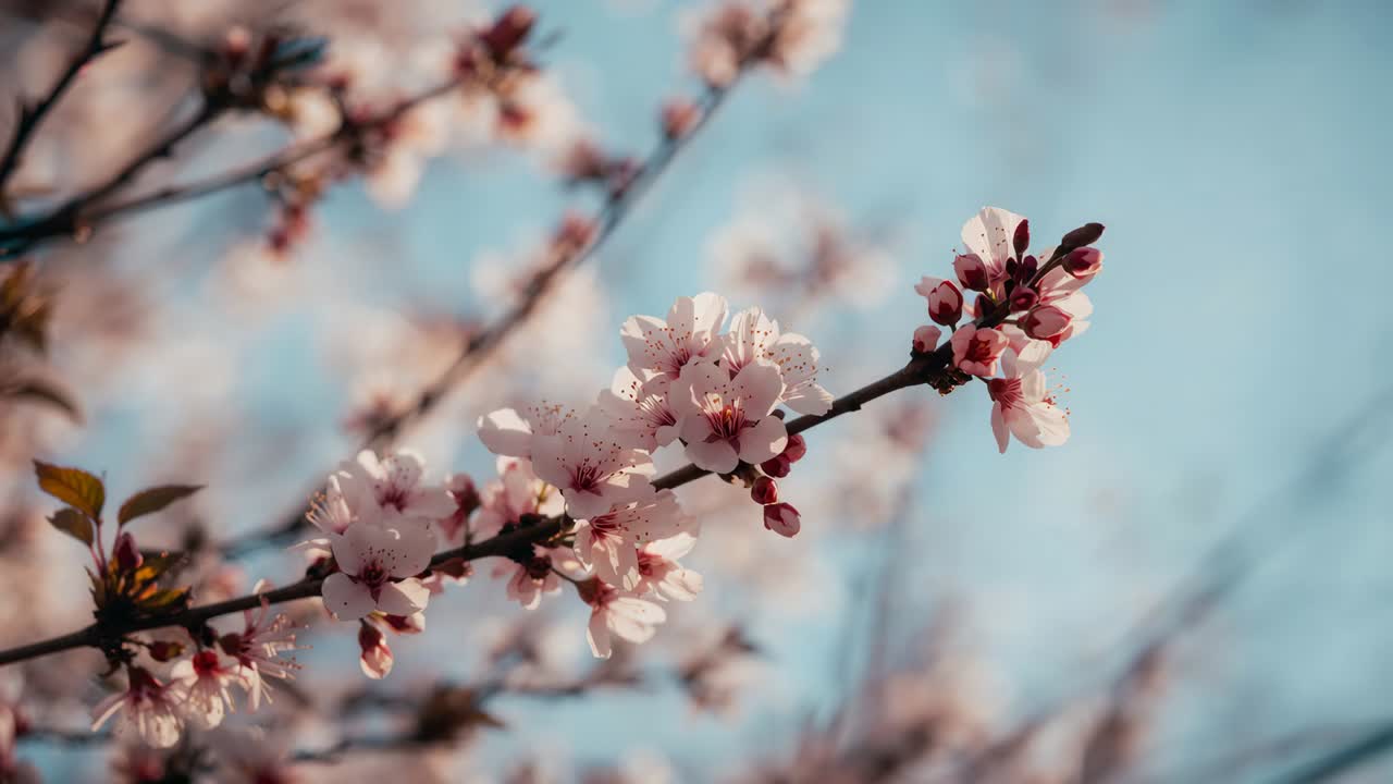 Swaying after breeze, flowering branch drifting centerward in park, with pink blooms and red buds