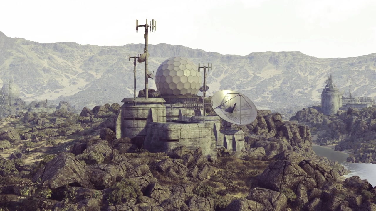 Futuristic communication setup overlooking lush forests and distant peaks