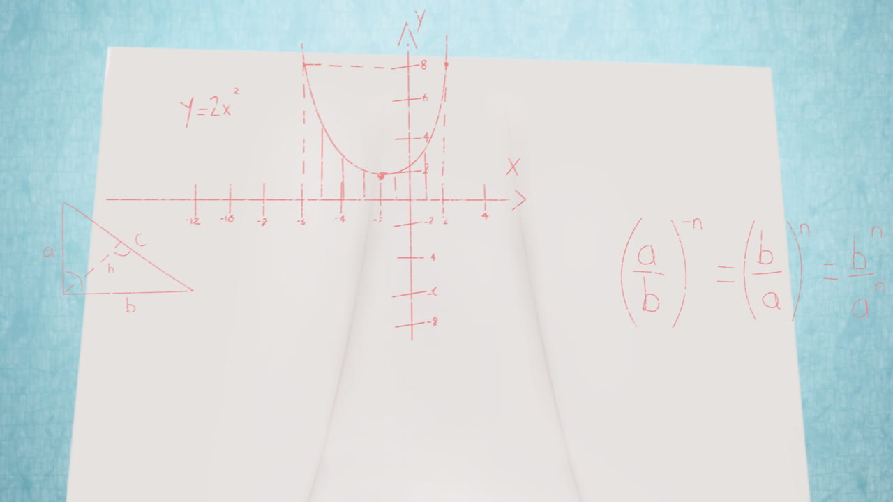 Animation of handwritten maths formulae and calculations moving over blank paper on blue desk top