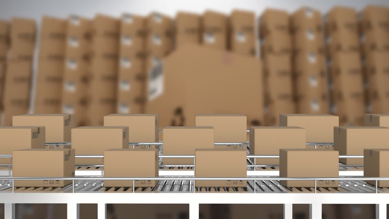 창고의 상자 위에 컨베이어 벨트에 상자의 애니메이션