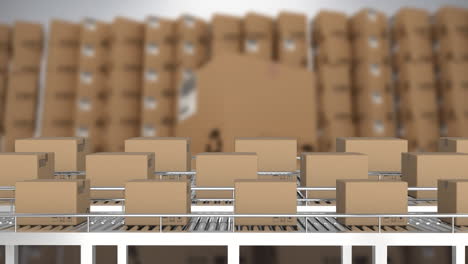 animación de cajas en cinta transportadora sobre cajas en el almacén